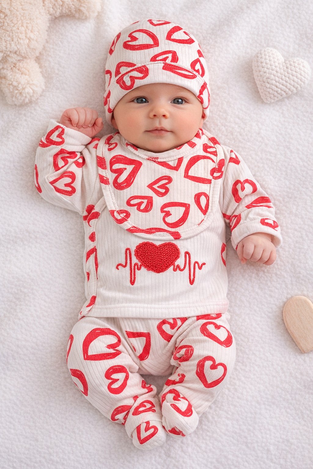 Beba u Merino Baby Love setu - kapica, majica i hlačice s uzorkom srca